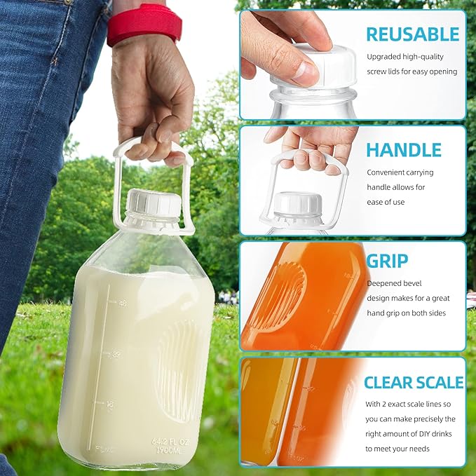 4 Pack 1/2 Gal Glass Milk Bottle with Airtight Lid & 2 Pour Spouts - 64 Oz Heavy Duty Glass Milk Jug, Water Pitchers with 8 Handles and 2 Exact Scale Lines for Juice Breast/Almond/Nut/Oat Milk Sun Tea