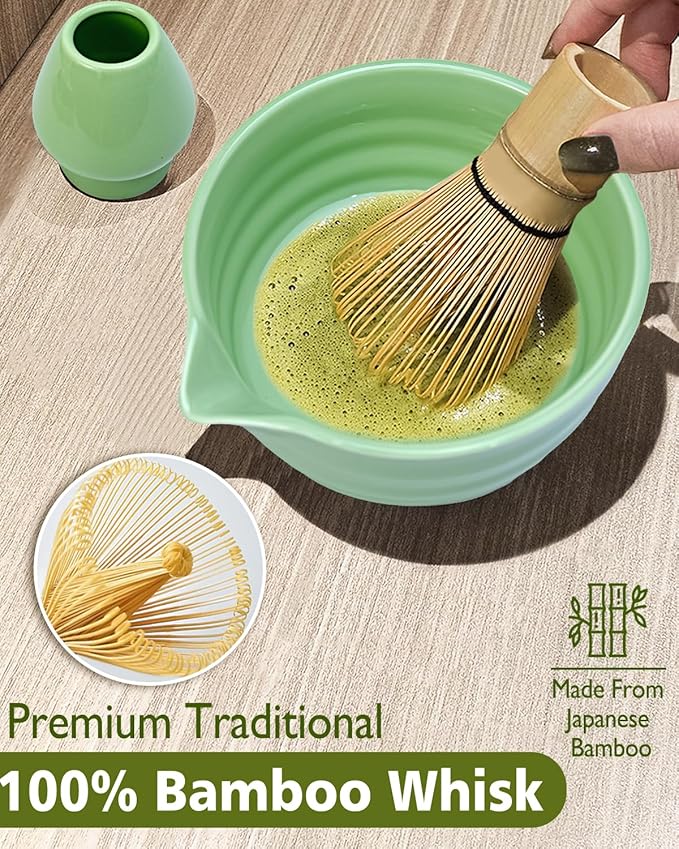 Vaiheng Matcha Whisk Set with Matcha Bowl, Matcha Whisk Holder Matcha Bamboo Whisk, Scoop, Sifter, Unique Gifts for Women Men Girl Friend Home Kitchen Decor（Light Green）