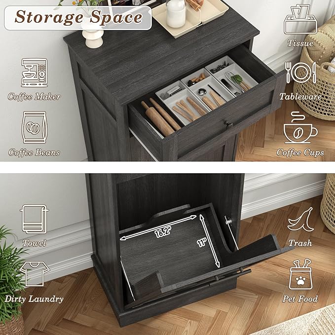 chartustriable Farmhouse Tilt-Out Trash Can Cabinet,13 Gallon Laundry Hamper with Drawers, Wooden Hidden Garbage Can Cabinet w/Storage for Kitchen & Living Room, Dark Grey