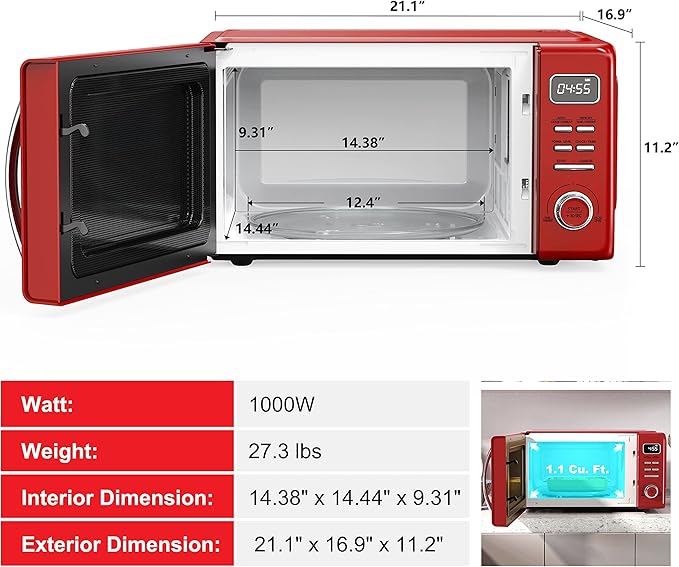 Galanz GLCMKZ11RDR10 Retro Countertop Microwave Oven with Auto Cook & Reheat, Defrost, Quick Start Functions, Easy Clean with Glass Turntable, Pull Handle, 1.1 cu ft, Red