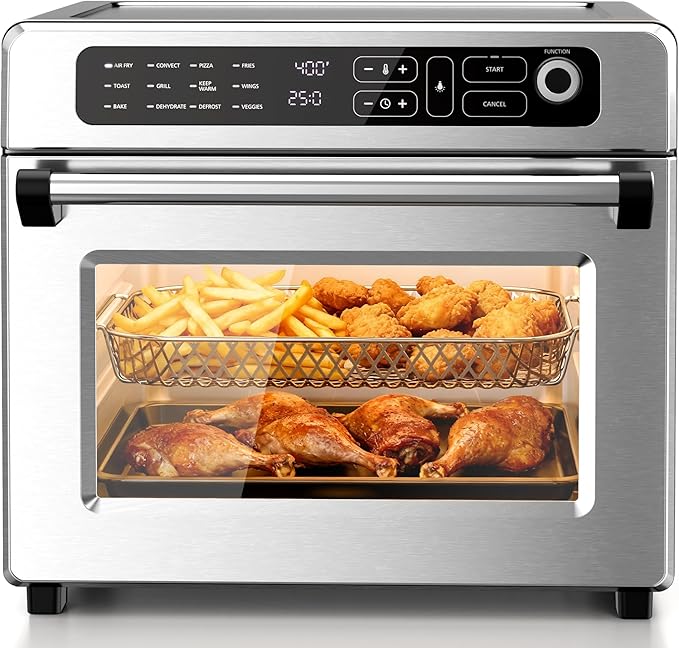 Kismile 25QT Air Fryer Toaster Oven Combo, 12-in-1 Countertop Convection Airfryer Oven, Adjustable 70–450℉ Temperature, Bake, Reheat & Broil, Fits 12″ Pizza, Complete Accessories Included, Silver