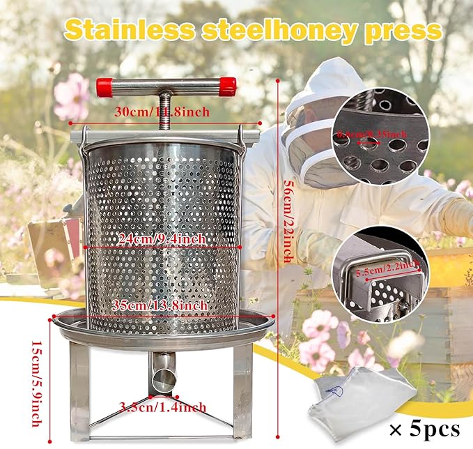 Honey Extractor Manual, Household Manual Mesh Honey Press Extractor Machine, Honey Extractor Beekeeping Manual Tool, Stainless Steel Beekeeping Extraction for Wine Honey and Juice Making