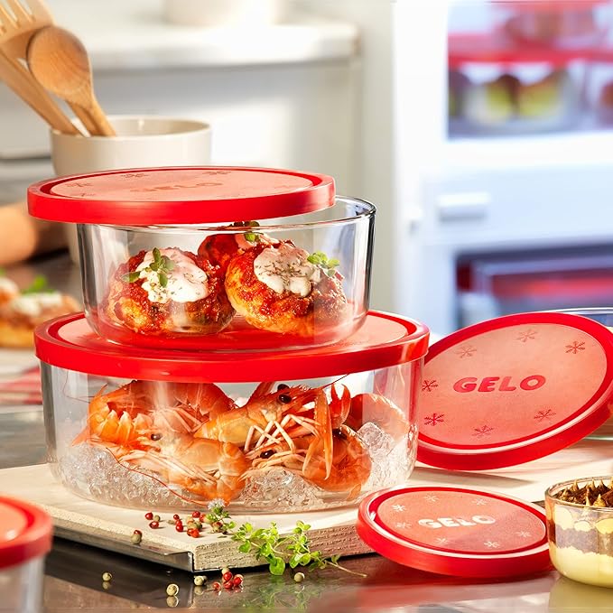 Bormioli Rocco Gelo 3pc Storage Glass Container Set with Red Lid, 11.62, 24.37, 44.62oz.