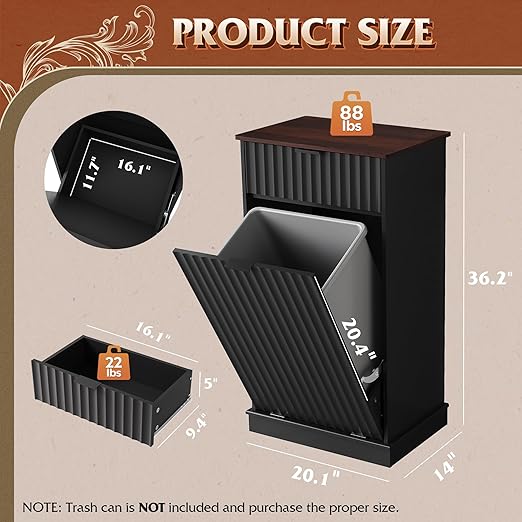 WLIVE 10 Gallon Tilt Out Trash Can Cabinet, Hidden Trash Can Cabinet with Storage Drawers,Food/Clothes Storage Pet Proof Wooden Trash bin Cabinet for Kitchen, Home, Laundry (Black)