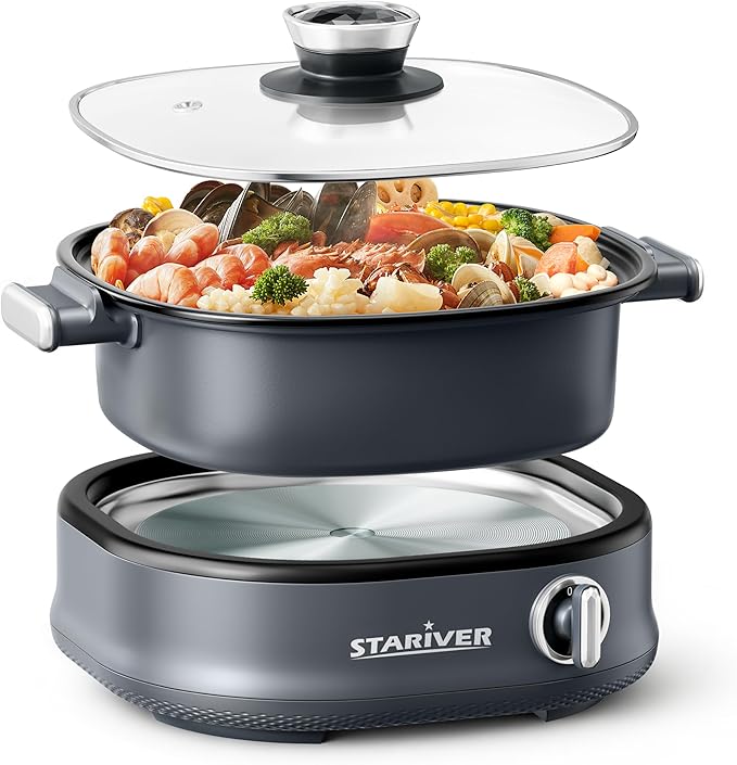Stariver 3L Non-Stick Hot Pot Electric with Dual-Power Control,Electric Shabu Shabu Pot with Removable Pot, Electric Pot with Tempered Glass Lid for Party, Family Gathering（Silver）