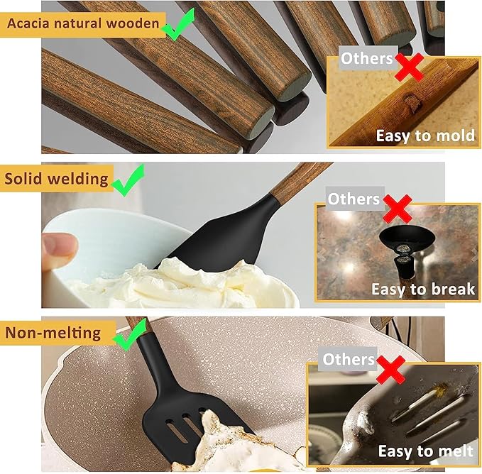 Silicone Cooking Utensil Set, Umite Chef 8-Piece Kitchen Utensils Set with Natural Acacia Wooden Handles,Food-Grade-Silicone Kitchen Gadgets Spatulas Set for Nonstick Cookware- Black