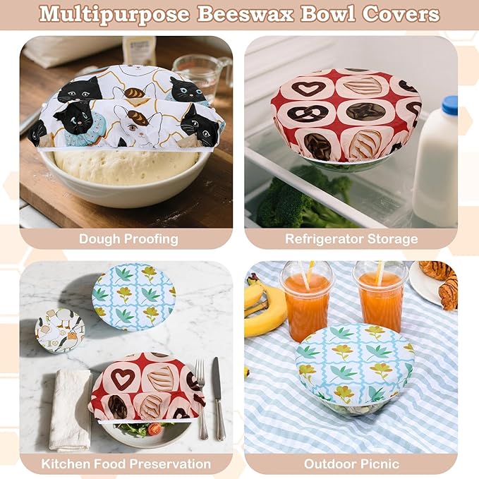 5-Size Reusable Beeswax Bowl Covers for Bread Proofing, Cotton Cloth Flexible Beeswax Wraps for Food Storage(Toast Cat)