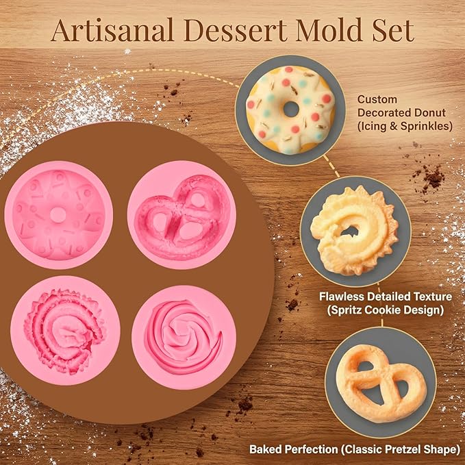 Donut Fondant Molds 4Pcs Silicone Cookie Molds for Baking Cake Decorating Candy Chocolate Flower Paste Sugar Craft Marzipan Jelly Mousse Clay Projects Resin Gypsum