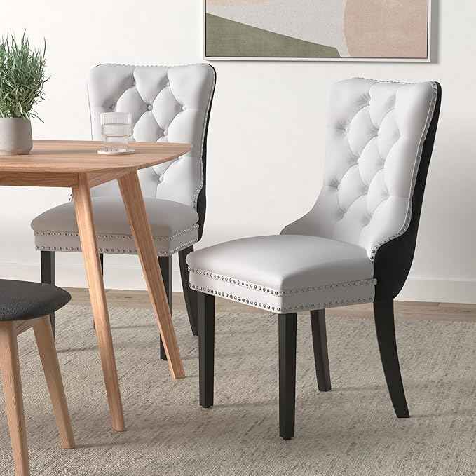 Dining Chairs Set of 6, Upholstered Dining Room Chairs with Back Ring Pull Trim and Solid Wood Legs, Modern Tufted Kitchen Chairs Perfect for Dining Room, White Pu Leather Splicing Black Velvet