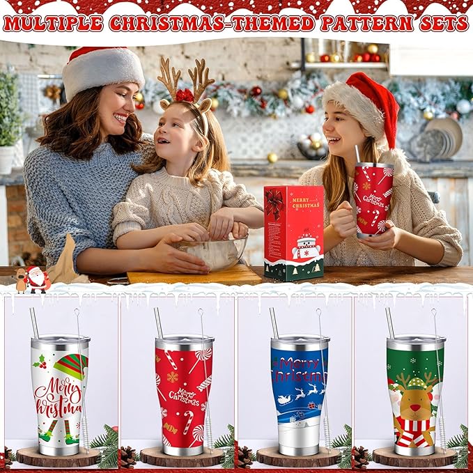 Mifoci 4 Pcs 30 oz Christmas Tumbler with Lid and Straw Stainless Steel Christmas Mug Double Insulated Cup Insulated Coffee Tumbler with Straw Brush for Holiday Coworkers Women Gifts (Style 4)