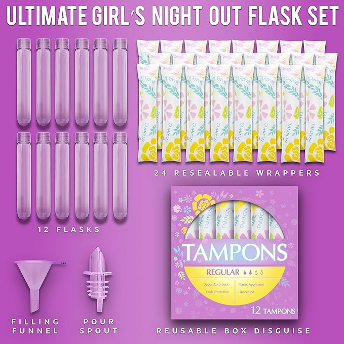 GoPong Tampon Flasks 12 Pack (18 oz Total) - Hidden Alcohol Travel Flasks for Women - Secret Liquor Containers for Nightclubs, Festivals, Cruises, and Sports Events – Includes Funnel & Spout