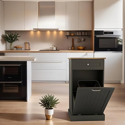 RASOO Tilt Out Trash Cabinet Wooden Freestanding Dog Proof Single Door 10 Gallons with Drawer Trash Can Cabinet