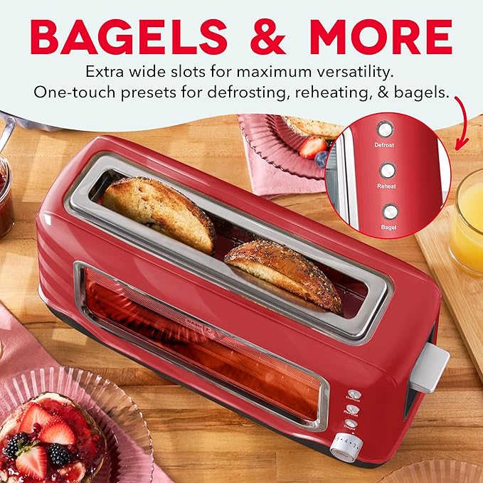 Dash Clear View Toaster - Features Large Window & Extra-Wide Slots - Auto-Shut Off Feature - Bagel Functions, & Seven-Browning Levels - 1-Touch Defrost - Red