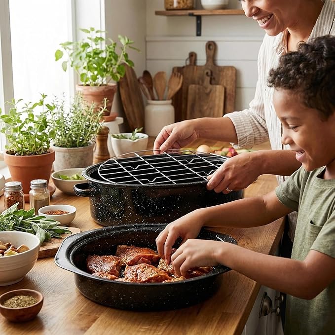 Enamel Roasting Pan With Lid and Rack 13" 18"Granite Roaster Pans Set With Rack Suitable Cooking Poultry Baking Turkey Bread Beef High Temperature Resistance,Dishwasher Safe,Holiday Gifts CookWare