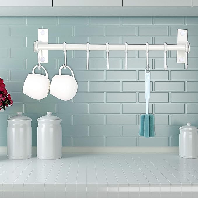 Dseap Kitchen Hooks for Hanging Utensils, Hanging Pot Rack, Kitchen Utensil Hanger Rail with 8 Hooks for Pots Pans, Spoons, Mugs, Wall Mounted, Stainless Steel, White, Pack of 2