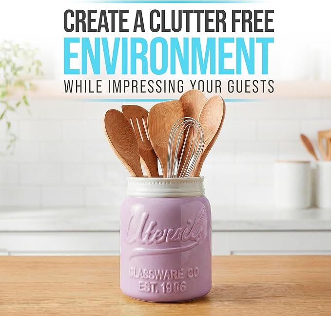 Comfify Wide Mouth Mason Jar Utensil Holder Decorative Kitchenware Organizer Crock, Dishwasher Safe - Kitchen Caddy Purple, Large Size 7" Hight