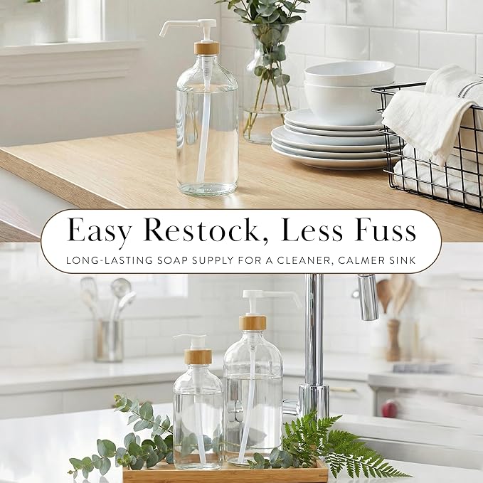 SAVVY & SORTED Glass Dish Soap Dispenser for Kitchen Sink 1 Liter, Hand Soap Dispenser for Bathroom, Refillable Clear Glass Bottles with White Bamboo Pump for Liquid Hand Wash, 34 Fl Oz