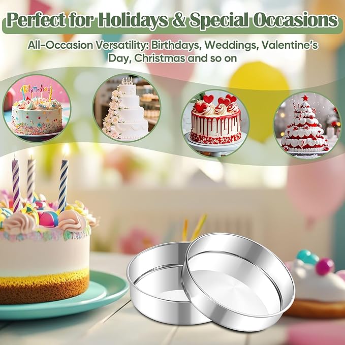 E-far 7 Inch Cake Pan Set of 2, Stainless Steel Round Baking Pans Tins Mold - Non-Toxic & Leak-Proof for Birthday Wedding Layer Tiered Cake, Easy Clean & Dishwasher Safe