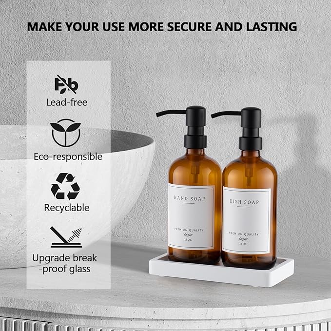 Thick Glass Soap Dispenser - Kitchen Dish Hand Soap Dispenser Set, Rustproof Pump Soap Lotion Dispenser Bathroom with Tray,14 Stickers for Kitchen Decor Amber Bottle/Black Pump