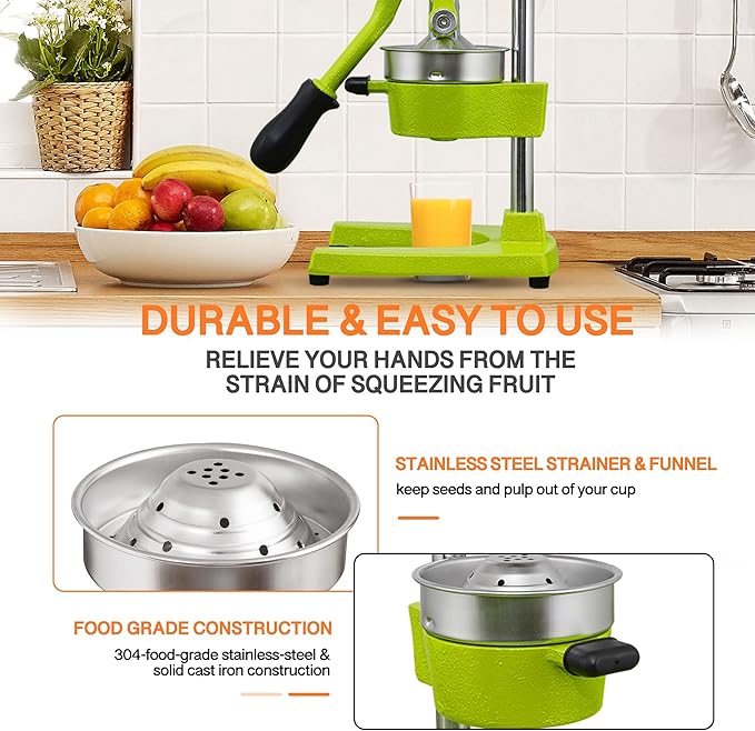 Commercial Heavy Duty Cast Iron Hand Press Manual Orange Citrus Lemon Lime Grapefruit Pomegranate Fruit Juice Squeezer Machine with Stainless Steel Cup Green