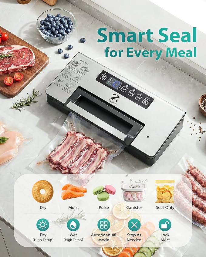Dual Pump Vacuum Sealer for Food Storage & Sous Vide, Handle Lock, Double Heat Seal 5mm Wide, Built-in Cutter & Bag Roll Storage, External Vacuum Port, Dry/Moist Modes, Starter Kit Included