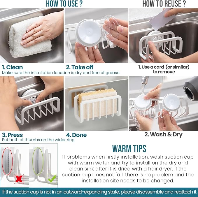 TAILI Sponge Holder for Kitchen Sink with Strong Suction Cup, Rustproof Aluminum Sink Caddy for Sponges, Removable Sponge Holder, Dish Brush for Scraper - White