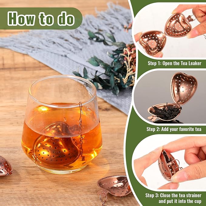 Sumind 50 Pcs Stainless Steel Tea Strainer Ball Infuser Loose Leaf Steeper Interval Diffuser Heart Shape Mesh Filters with Extended Chain Hook for tea party Seasonings Cup Bottle(Rose Gold)