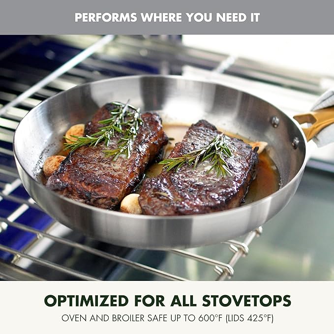 GreenPan Stainless Steel Tri-Ply Reserve 10” and 12” Frying Pan Skillet Set, Multiclad Cookware, Induction, Oven & Broiler Safe to 600°F, Heat Responsive Core, Dishwasher Safe, Gold Handles