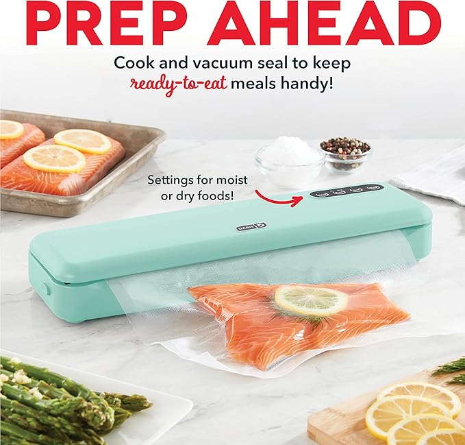 Dash SuperSeal Vacuum Sealer - Airtight Meal Packaging for Sous Vide & Safe Food Storage - Includes Single-Use & Reusable Bags - Aqua