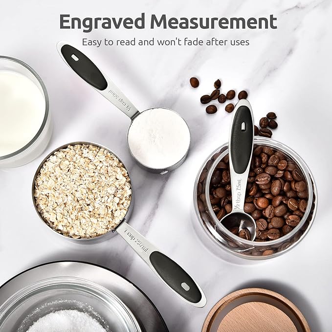 U-Taste 18/8 Stainless Steel Measuring Spoons Set for Dry and Liquid Ingredients(Set of 7), and Upgraded Measuring Cups and Spoons Set of 12 with Reinforced Welded Handle (Black)