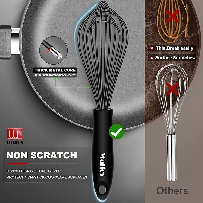 Walfos Whisk Silicone Whisks set, Non Scatch Coated Whisks for Cooking and Baking, Heavy Duty Set of 4 Kitchen Whisk - 11'' Flat Wisk and 7''+10''+12'' Balloon.