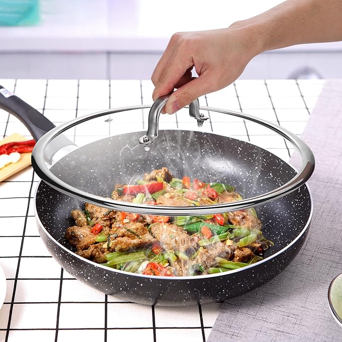 Luxshiny 13 Inch Tempered Glass Pot Lid with Heat Resistant Handle - Thickened Transparent Pan Cover for Frying Pans Woks and Cast Iron Skillets - Visual Cooking with Anti-Drip Design