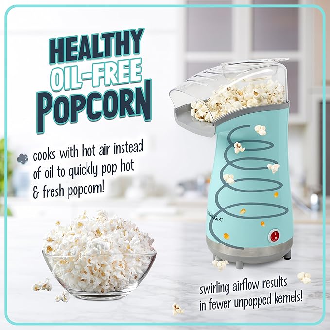 Nostalgia Air Popper Popcorn Maker - Oil-Free Popcorn Machine Pops Up To 16 Cups with Hot Air for Movie Night Snacks - Aqua Popcorn Popper with Swirling Air Chamber & Measuring Cup for Precise Popping