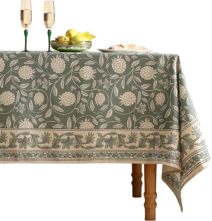 ISAENNE Designer Grayish Green Linen Long Rectangle Tablecloth,Floral Stain Resistant Table Cloth,Fall Vintage Decor Tablecloths for Dining Thanksgiving Kitchen Party,63"*94"-Andrew A