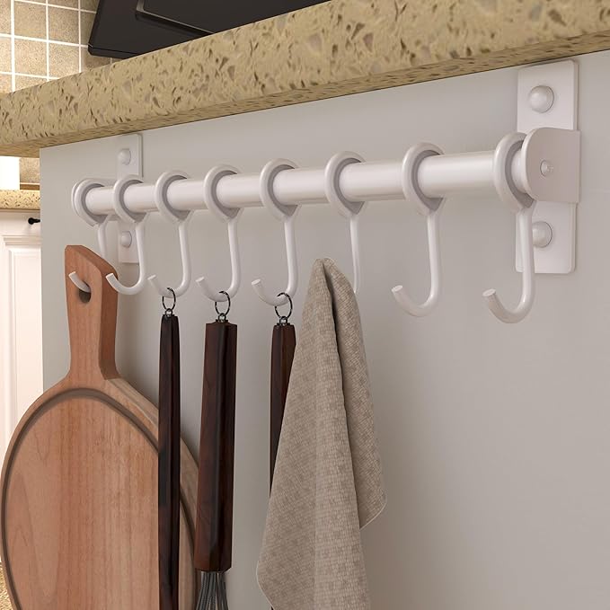 Dseap Kitchen Utensil Holder Hanger, Pot and Pan Rack Wall Mount, Kitchen Rail with 8 Hooks for Hanging Cooking Utensils, Mugs, Spoons, Wall Mounted, Stainless Steel, White