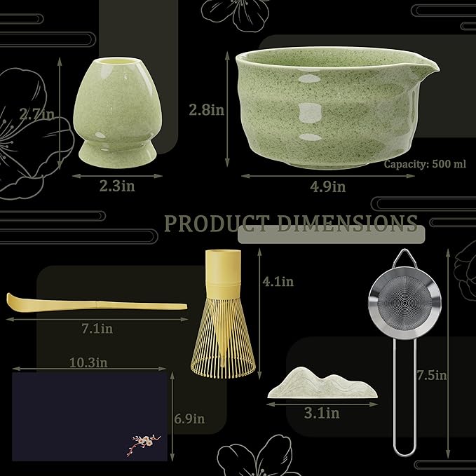 8-Piece Matcha Whisk Set – Ceramic Bowl & Bamboo Tools, Complete Japanese Matcha Tea Ceremony Kit, Green Speckled Chawan with Spout, Matcha Starter Set for Home Rituals & Gifts