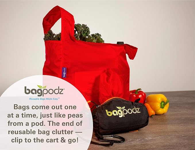 Sturdy Reusable Grocery Bags Foldable and Washable - Made From RipStop Nylon Hold 50lbs - Designed in USA Reusable Shopping Bags Inside a Compact Pod with Carry Clip - 10 Pack in Red