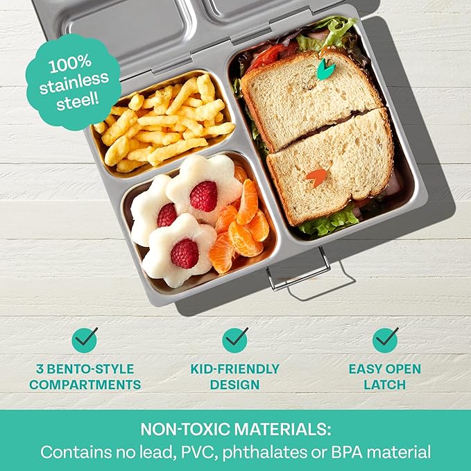 PlanetBox LAUNCH classic stainless steel bento lunch box with 3 compartments for adults and kids