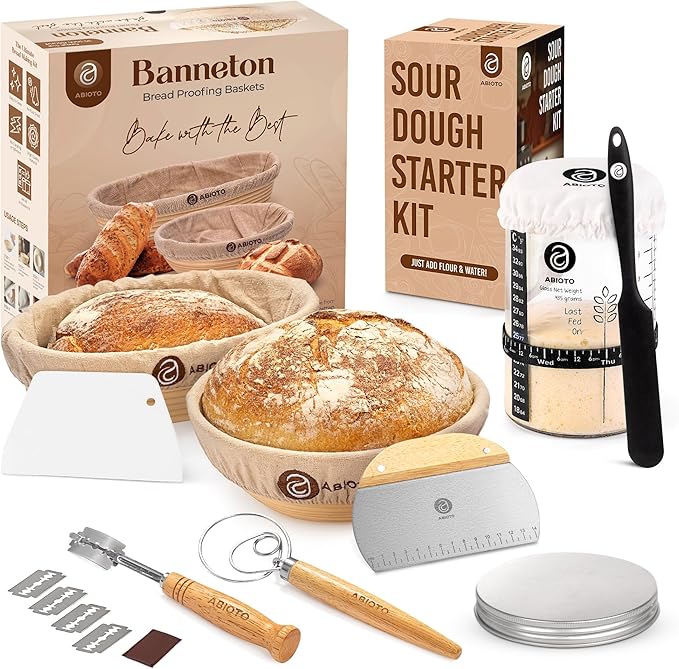 Sourdough Bread Baking Supplies and Starter Kit - Ultimate Bread Making and Sourdough Starter Kit with Proofing Baskets, Sourdough Jar, Bread Lame, Scrapers and Danish Whisk