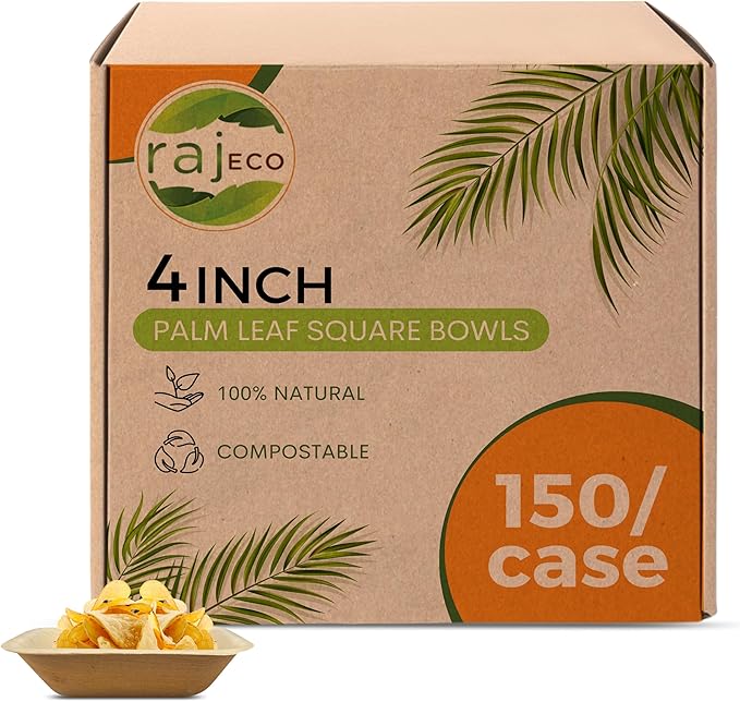Raj Palm Leaf Bulk Bowls [25-Pack] 4" Square Bowls (6 CASES - 150 PACK) like Bamboo bowls Disposable, Strong, Decorative Compostable Tableware for weddings, Camping, Outdoor