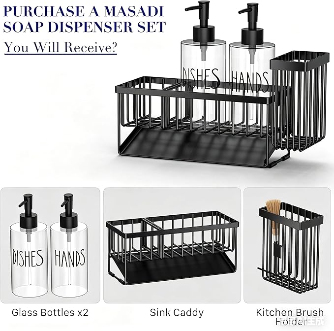 MASADI Kitchen Sink Caddy with Dish Soap Dispenser Set, 12OZ Glass Bottle, Hand and Dish Soap Dispenser Set, Non-Slip Silicone Pad, Brush Holder, Kitchen Sink Organizer Countertop (Black+Clear)