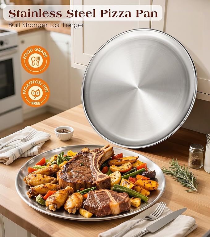 Yuiicaov Stainless Steel Pizza Pan 12 inch, Pizza Pan for Oven, Steel Pizza Tray, Thick Round Pizza Plate Pizza Baking Sheet, Easy Clean & Dishwasher Safe, Set of 1