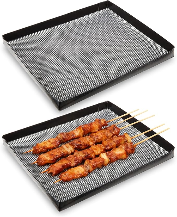 Professional-Grade 2-Pack PTFE Mesh Oven Baskets, 11.5x13.5x1 Inch Non-Stick Solid Oven Trays for Commercial Kitchens & High-Volume Cooking