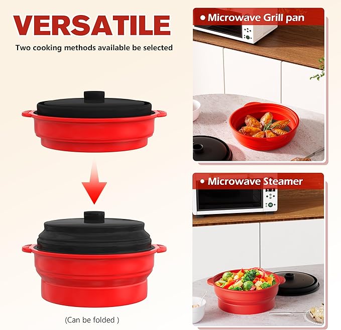 Microwave Steamer for Vegetables | Microwave Grill Pan & Steamer Bowl | Microwave Silicone Cookware | Microwave Popcorn Popper | Dishwasher Safe