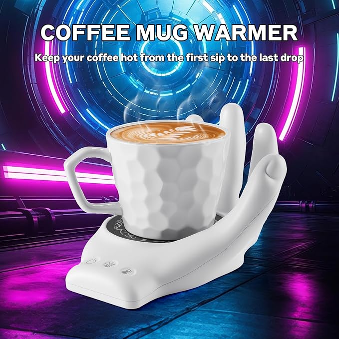Devil's Hand Heating Mug Warmer Set - 3 Temp Settings & 8H Timer, Coffee Cup Warmer Plate for Desk Auto Shut Off, Ideal Beverage Warmer Gift for Coffee, Tea, Milk (White)