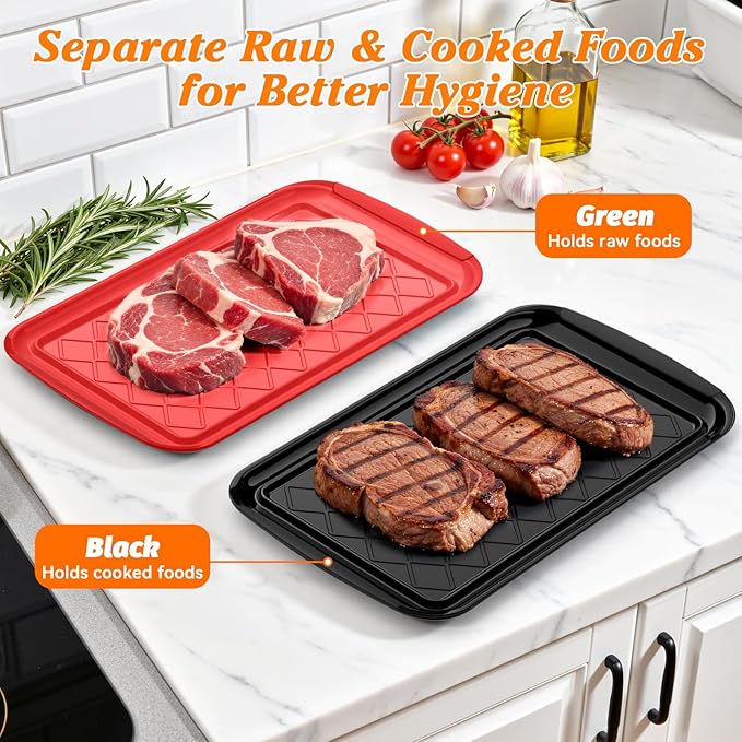 Serving Trays for Party - Set of 2, Large Serving Platters for Raw and Cooked Food, Dishwasher Safe, 17×10.5-inch Stackable Plastic Party Supplies for Grilling, BBQ, Meal Prep (Red, Black)