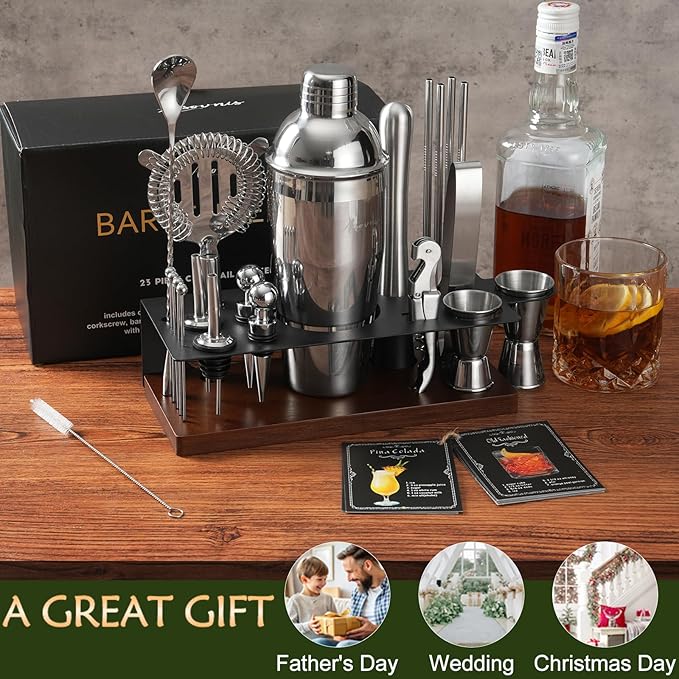 23-Piece Bartender Kit, Cocktail Shaker Set with Stand | Bar Set Drink Mixer Set with All Essential Bar Tools: Martini Shaker,Bar Mixer Spoon, Jigger, Strainer, Muddler, Pourers, for Home, Bar, Party