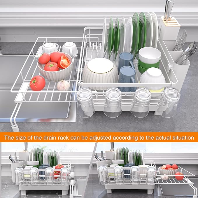 Runnatal Dish Drying Rack, Extendable Dish Rack Over Sink, Large Stainless Steel Dish Strainer with Drainboard, Utensil Holder & Cup Holder for Kitchen Counter, White