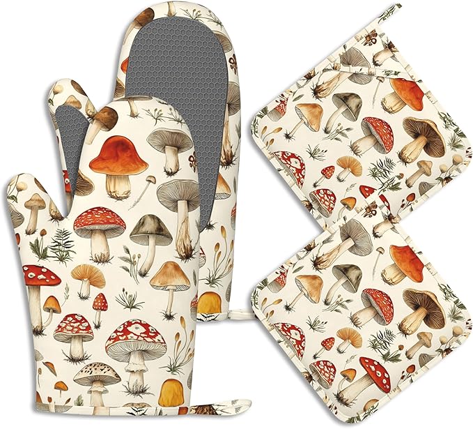 Mushroom Potholders & Oven Mitts Sets Funny Wildflowers Herb Silicone Heat Resistant Oven Mits and Hot Pads Non-Slip Pot Holders Gloves for Kitchen Chef Cooking Baking Grilling BBQ