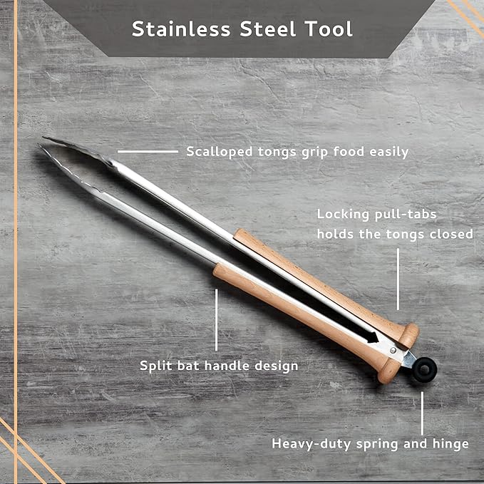 Baseball BBQ | 'Splitfinger' Grill Tongs | BBQ Grilling Accessories & Utensils for Baseball Fans | Patented Wooden Bat Handle & Quality Stainless Steel | Add to Set